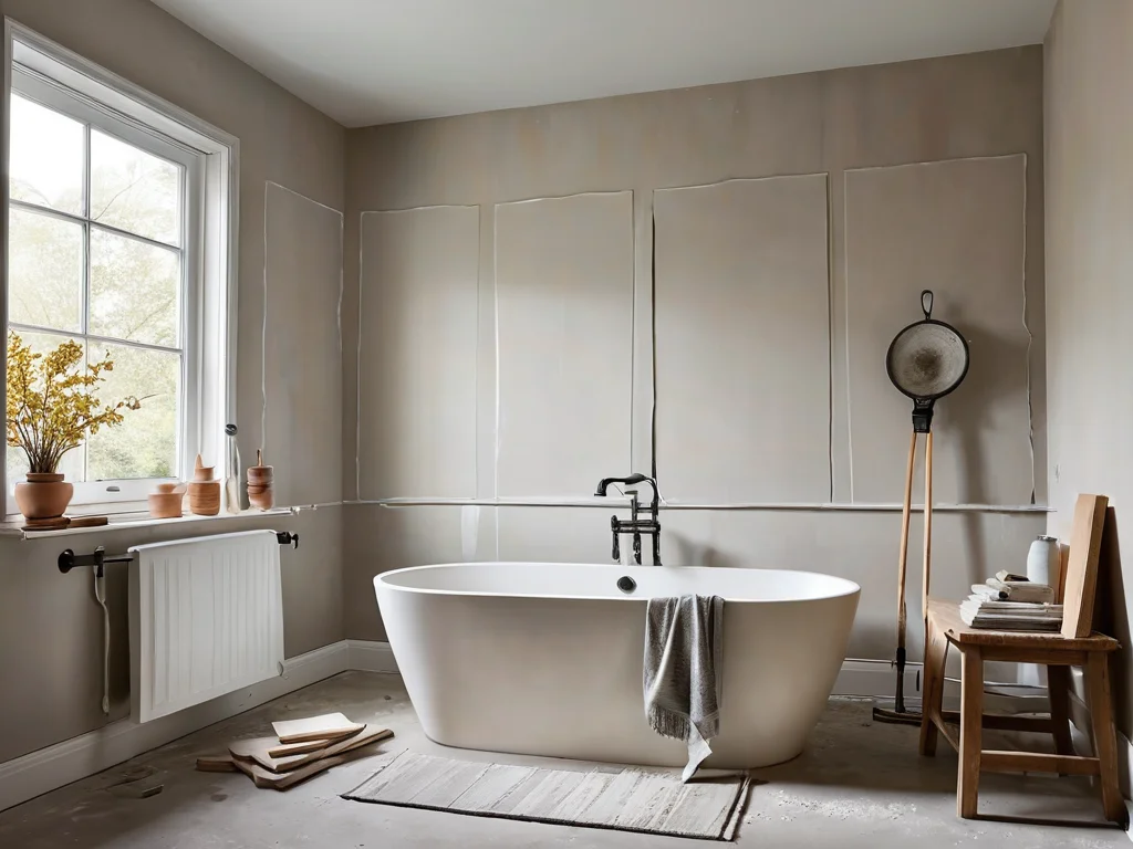 Фотореалистичная раскладка различных видов шпаклевочных смесей для стен в ведрах, с инструментами, показывающая разнообразие составов для подготовки под обои.