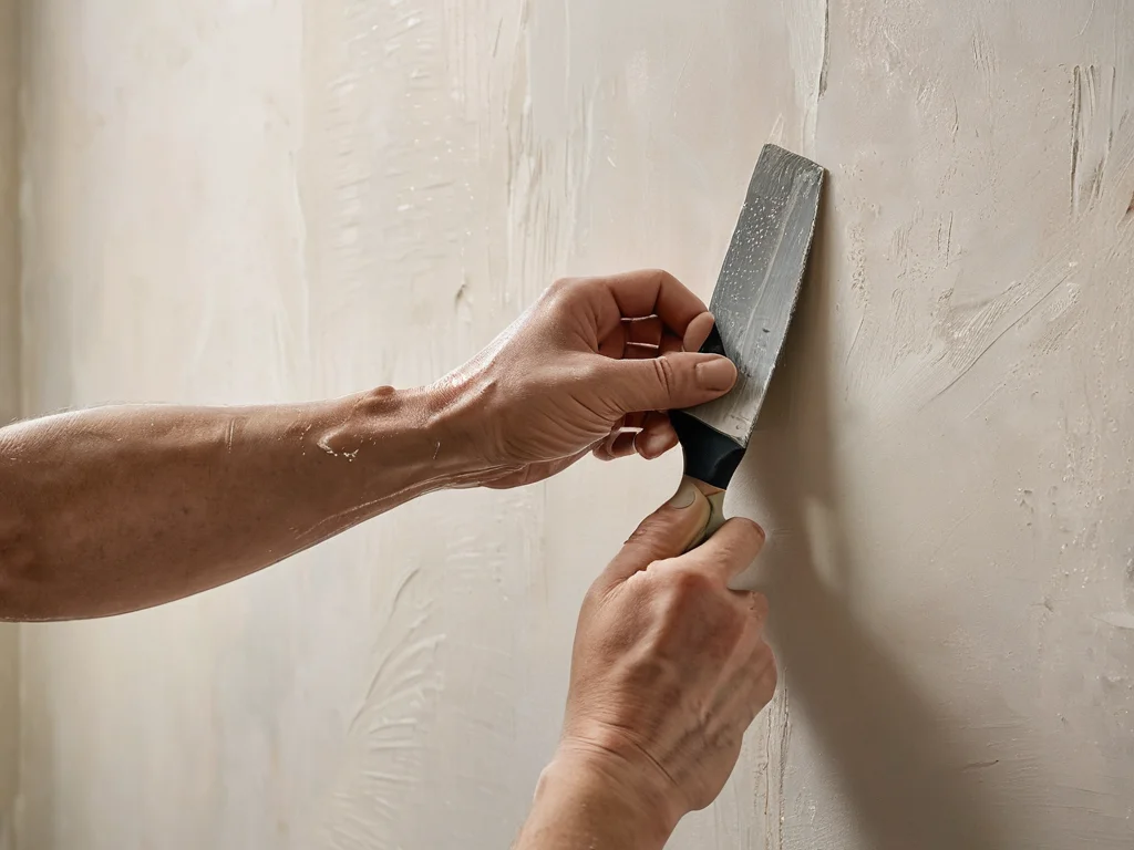 Фотореалистичное изображение руки мастера, наносящего шпаклевку на стену широким шпателем, демонстрирующее подготовку стены под обои для идеального ремонта.