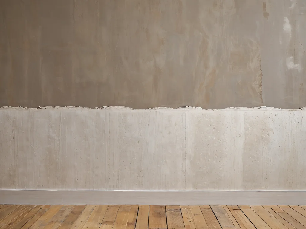 Фотореалистичный срез стены, демонстрирующий несколько тонких слоев шпаклевки, нанесенных и отшлифованных, иллюстрирующий процесс создания идеальной гладкости под обои.