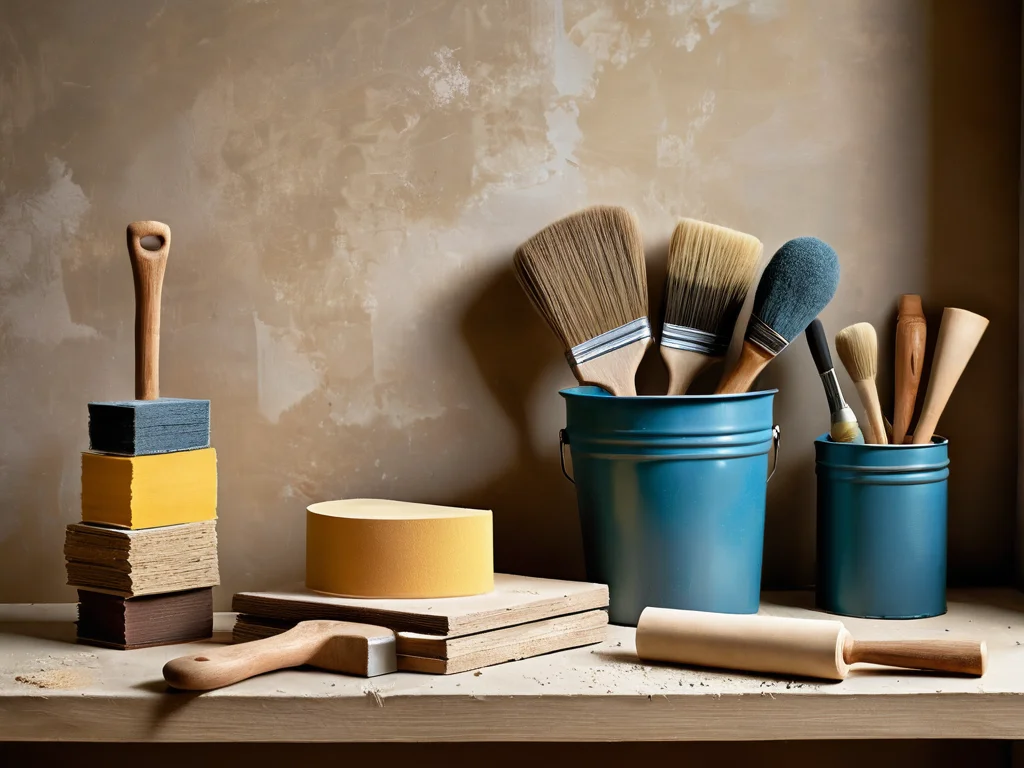 Набор профессиональных инструментов для шпаклевки и подготовки стен: шпатели, терки, шлифовальные бруски, валики, собранные в одном месте.