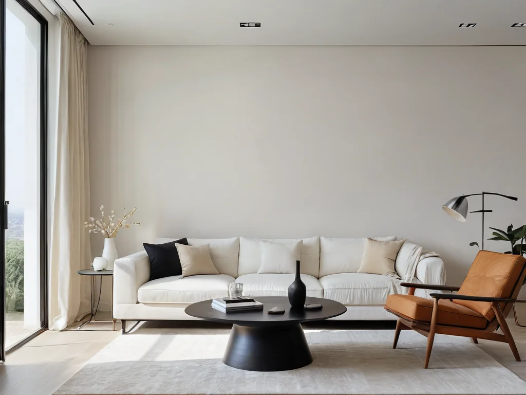 Современная гостиная в стиле минимализм, светлые тона, белый диван, черная столешница, кожаное кресло, панорамные окна, ковер.
