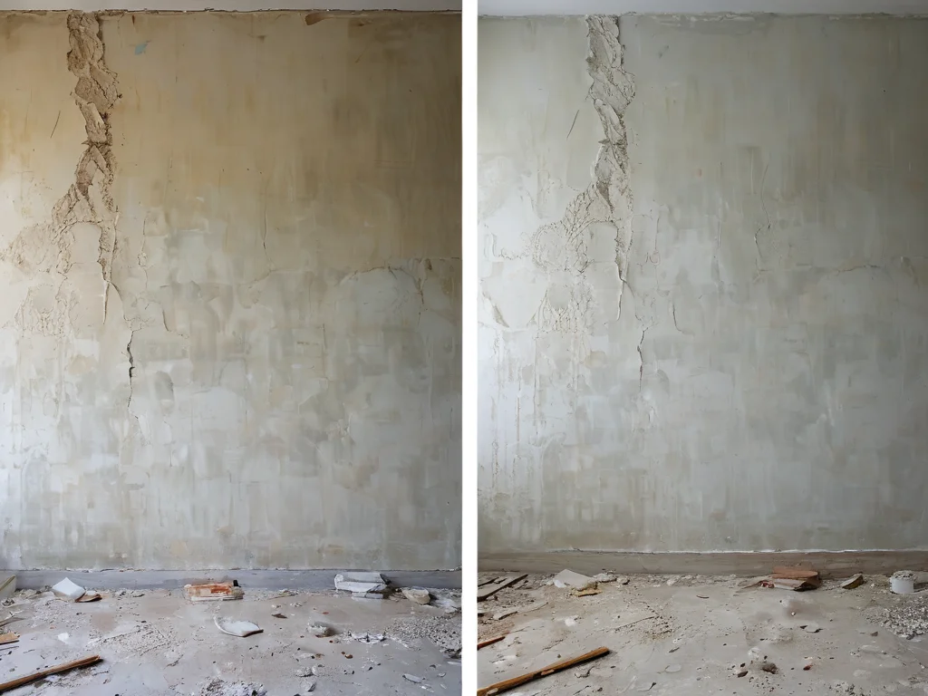 Сравнение идеальной и некачественной шпаклевки стен: одна часть стены безупречно гладкая, другая демонстрирует распространенные ошибки и неровности.