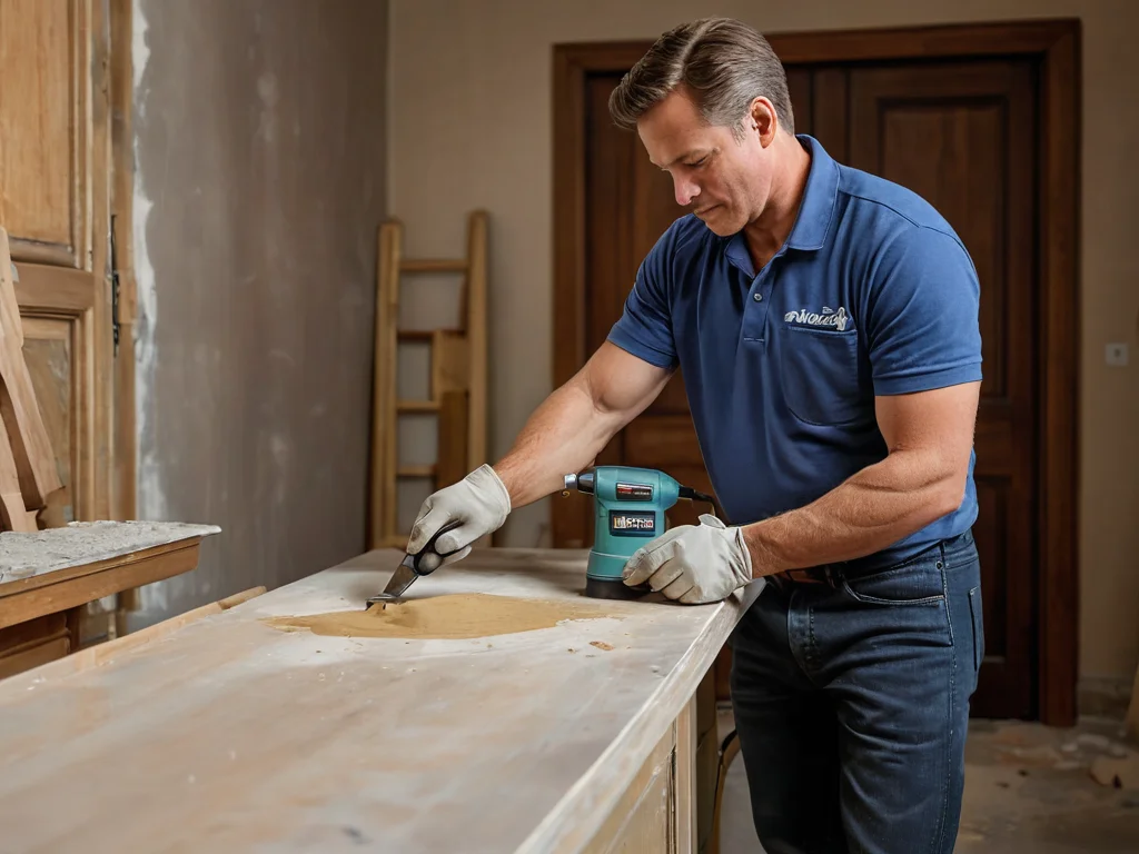 Мастер шлифует стены после нанесения шпаклевки, демонстрируя секреты идеального финиша и профессиональные техники.