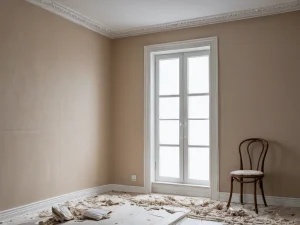 Ремонт, комната, бежевые стены, окно, стул, деревянный пол, подготовка к отделке, интерьер.