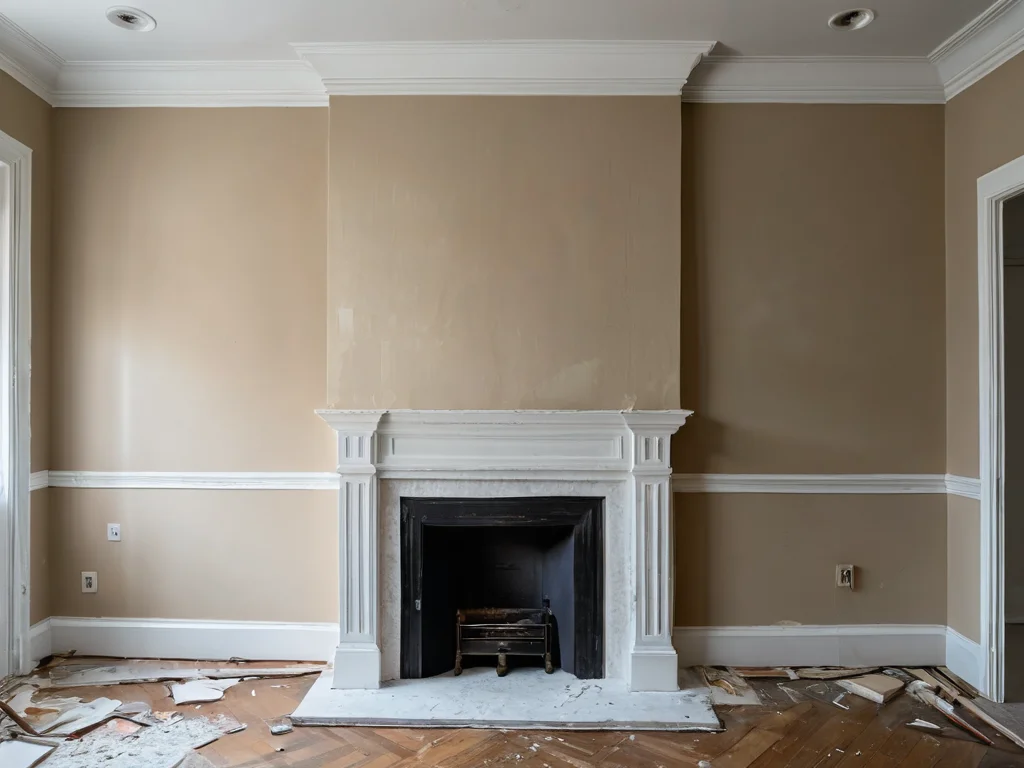 Imagen fotorrealista de una pared con errores comunes al reparar grietas: aplicación desigual de masilla, rastros visibles de reparación, lo que enfatiza la importancia de seguir los consejos profesionales.