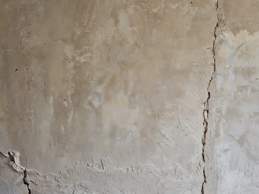 Primer plano fotorrealista de varios tipos de defectos en la pared: desde pequeños arañazos superficiales hasta grietas y agujeros profundos, que muestran la variedad de problemas antes de la renovación.