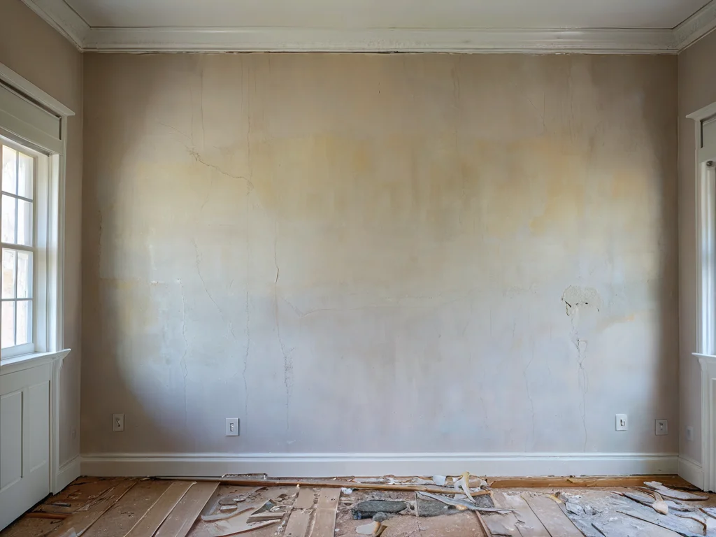 Imagen fotorrealista de un interior que muestra grietas profundas y daños estructurales en una pared que se prepara para la renovación, con énfasis en la importancia de reparar los defectos antes del acabado.