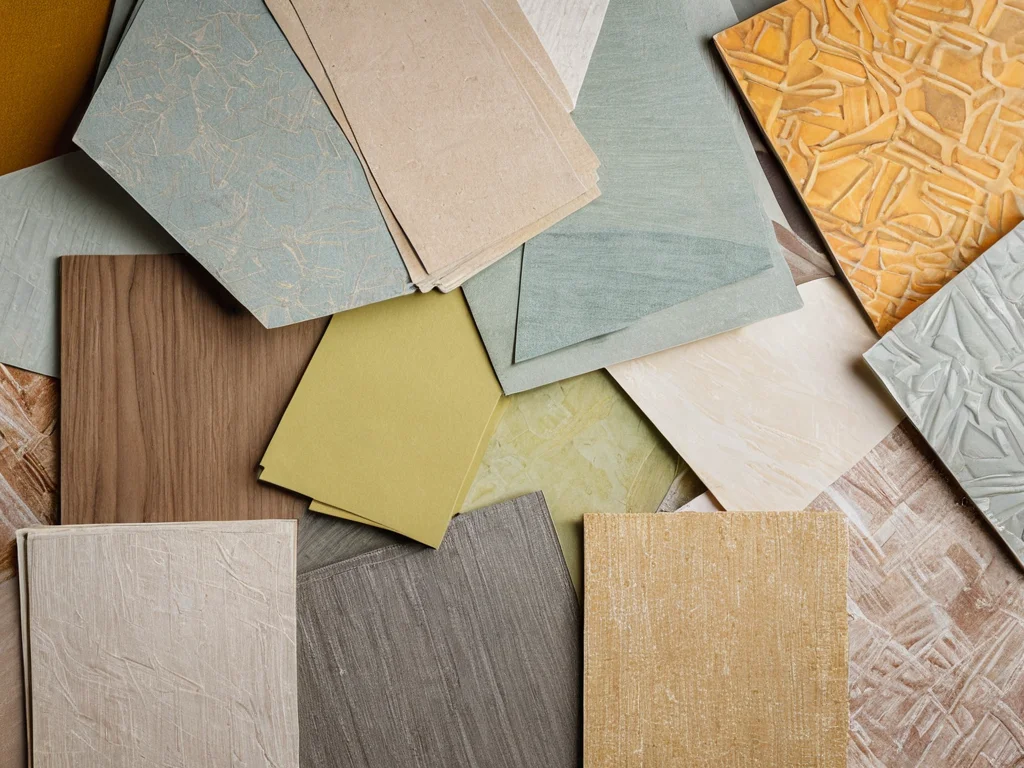 Крупный план различных рулонов виниловых обоев с геометрическими и абстрактными узорами в студии дизайна интерьеров, подчеркивающий их текстуру при ярком студийном освещении.