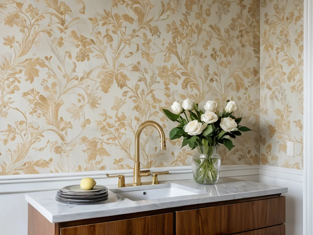 Уход за виниловыми обоями: рука мягко протирает поверхность обоев влажной тканью, сохраняя свежий вид интерьера.