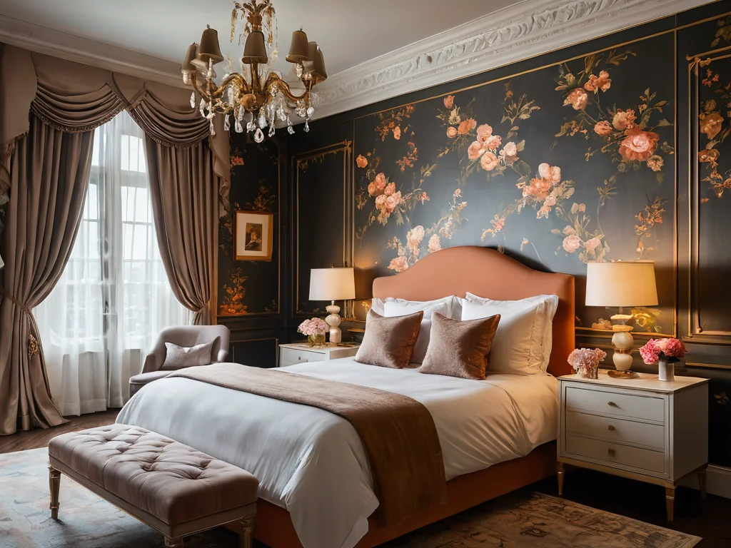 Классическая спальня, украшенная стильными виниловыми обоями с цветочным узором, создающими атмосферу роскоши благодаря богатым текстурам и драматическому освещению.
