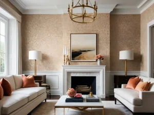 Гостиная в классическом стиле, светлая цветовая гамма, камин, диваны, кресла, ковер, картина, люстра, обои.