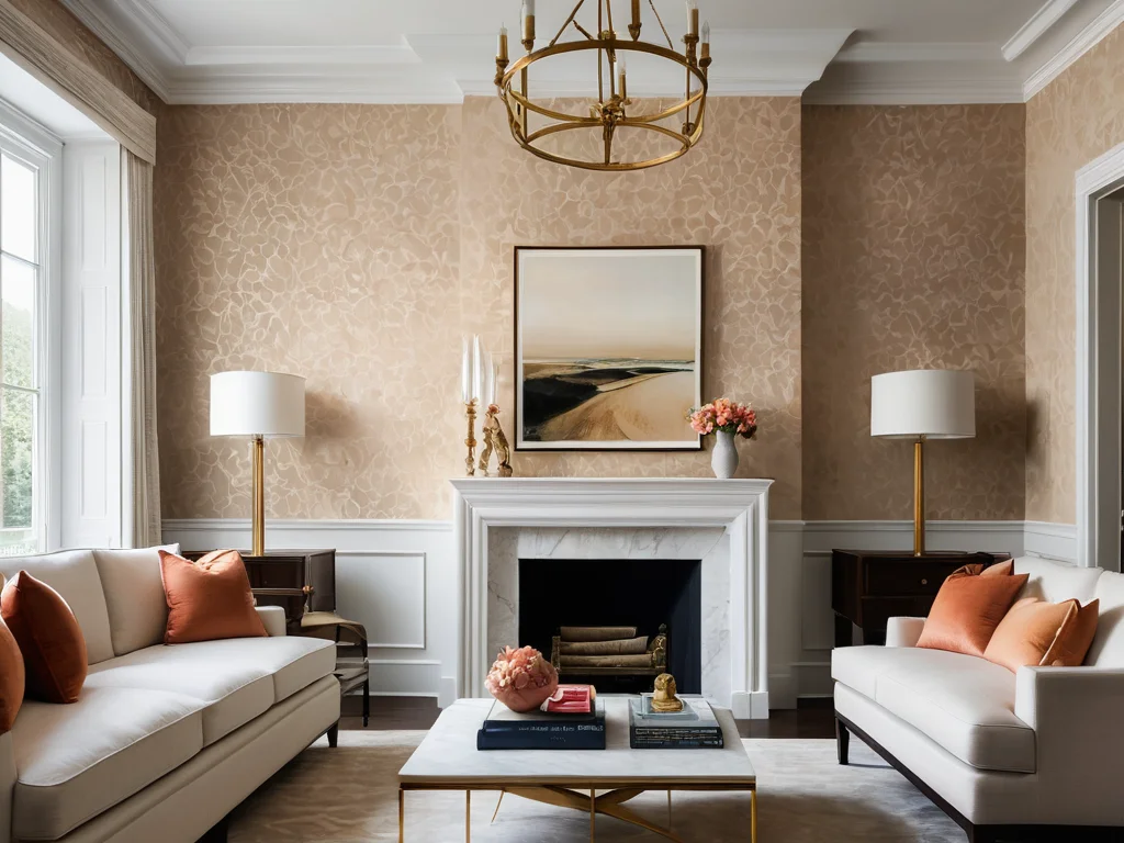 Гостиная в классическом стиле, светлая цветовая гамма, камин, диваны, кресла, ковер, картина, люстра, обои.