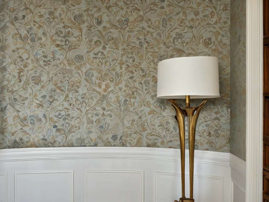 Фотореалистичное изображение процесса поклейки обоев на кривую стену во внутреннем углу, показывающее пошаговую инструкцию для сложных углов.