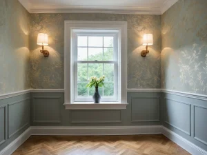 Комната в классическом стиле с зелеными обоями, бра, деревянным полом и белыми панелями. Идеи для создания изысканного интерьера.