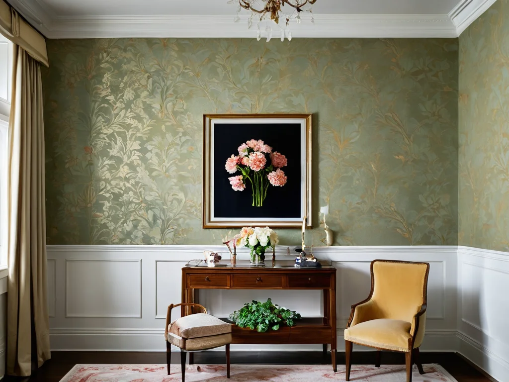 Фотореалистичное изображение угла стены с идеально приклеенными обоями, демонстрирующее долговечность и секреты, как сделать так, чтобы обои в углах не отклеивались.