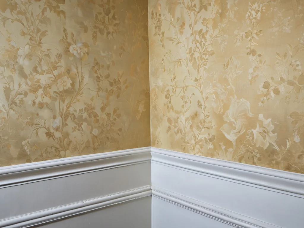 Фотореалистичное изображение крупным планом типичных ошибок при поклейке обоев в углах, таких как отклеивающиеся обои или видимые швы, для иллюстрации проблем и их решений.