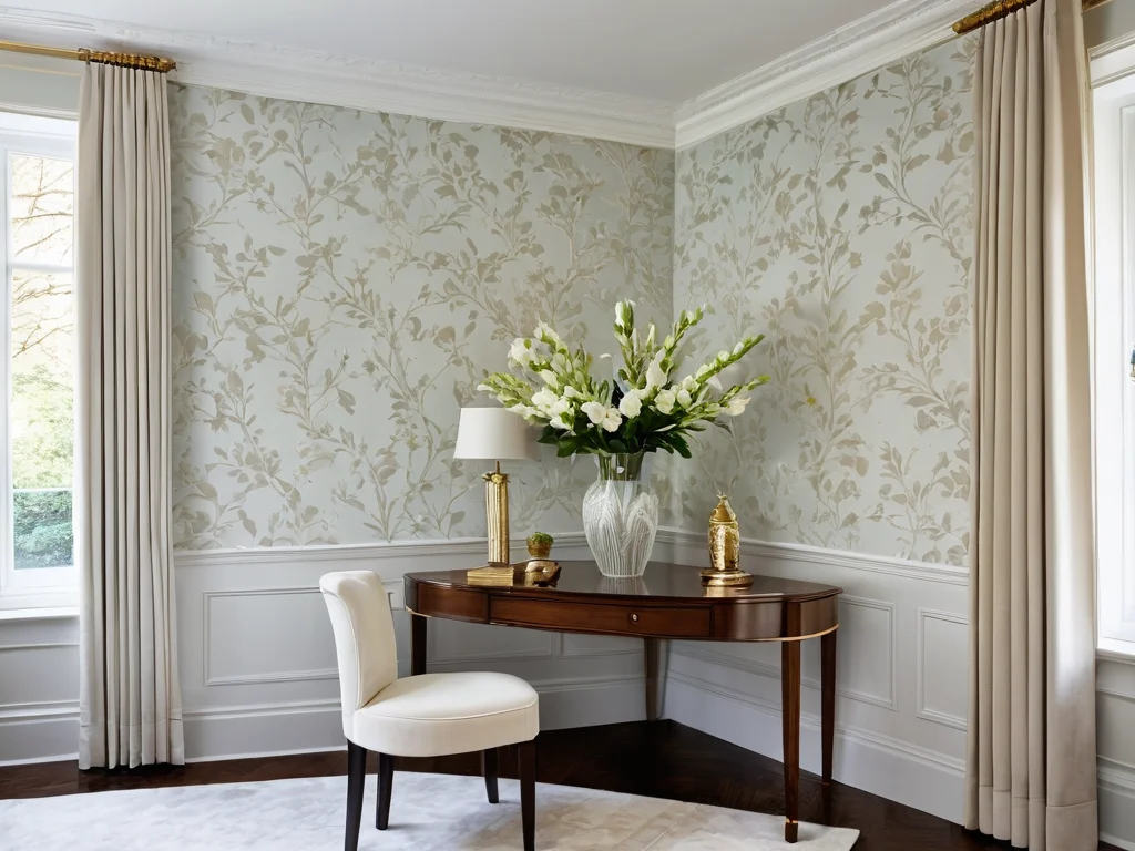 Фотореалистичное изображение аккуратно оклеенного внешнего угла в современном интерьере, подчеркивающее мастерство и секреты профессиональной поклейки обоев.