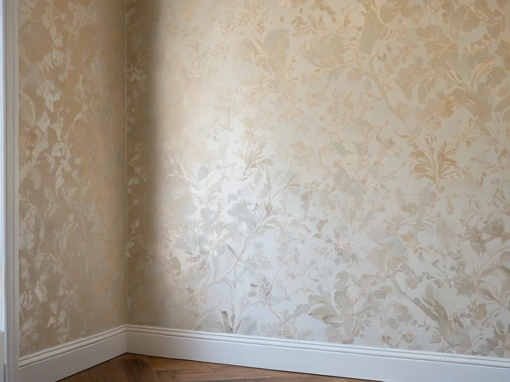 Фотореалистичное изображение мастера, аккуратно приклеивающего обои во внутреннем углу комнаты, демонстрирующее идеальный стык без складок и разрывов, секреты идеального стыка.