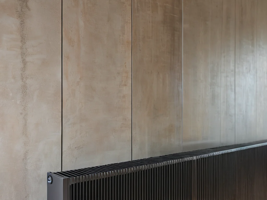 Фотореалистичное изображение альтернативных решений для стены за батареей: декоративной панели или плитки, демонстрирующее современный и практичный подход.