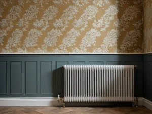 Классическая комната с обоями в цветочный узор, темно-синими панелями, белым радиатором и деревянным полом. Идеи для ремонта в классическом стиле.