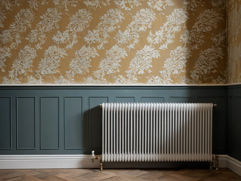 Классическая комната с обоями в цветочный узор, темно-синими панелями, белым радиатором и деревянным полом. Идеи для ремонта в классическом стиле.