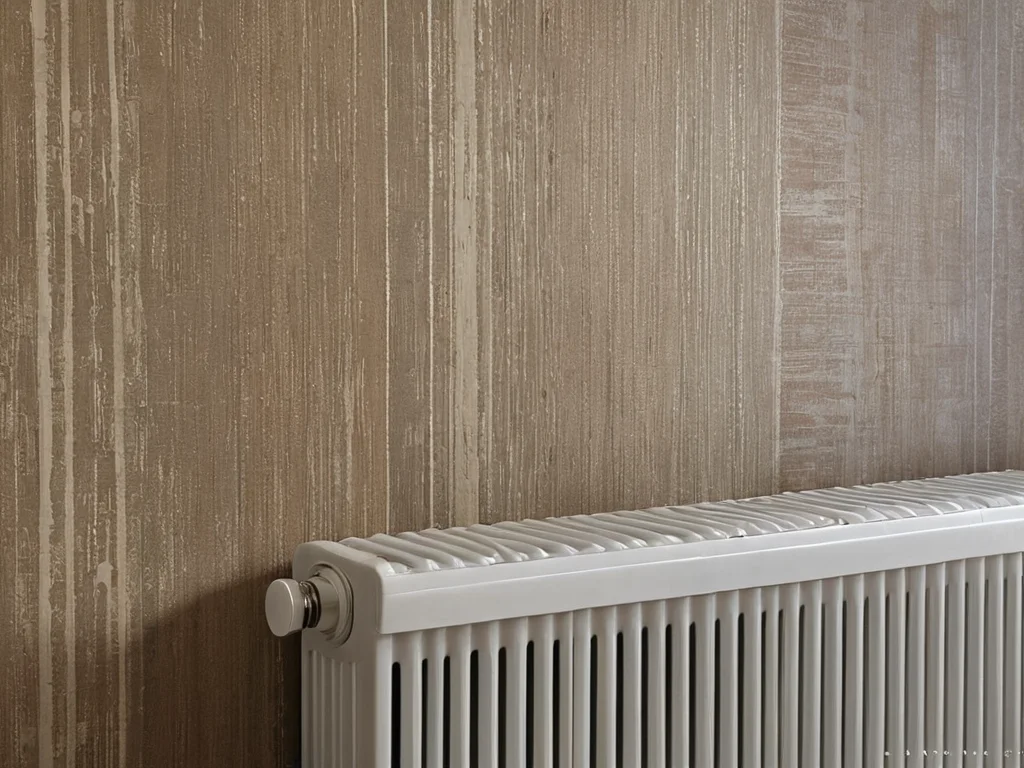 Фотореалистичный снимок участка стены за радиатором, демонстрирующий выбор практичных и износостойких обоев, таких как виниловые, подходящих для сложных условий.