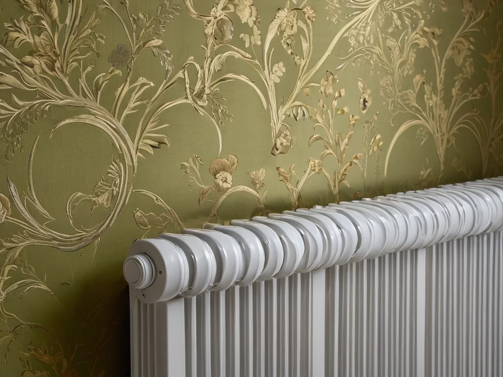 Фотореалистичное изображение мастера, аккуратно обходящего трубы и элементы батареи при поклейке обоев, демонстрирующее секреты точной работы.