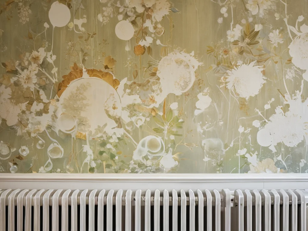 Фотореалистичный пример типичных ошибок при оклейке обоями за радиатором: пузыри, разрывы и неаккуратные края, показывающие, как избежать таких проблем.
