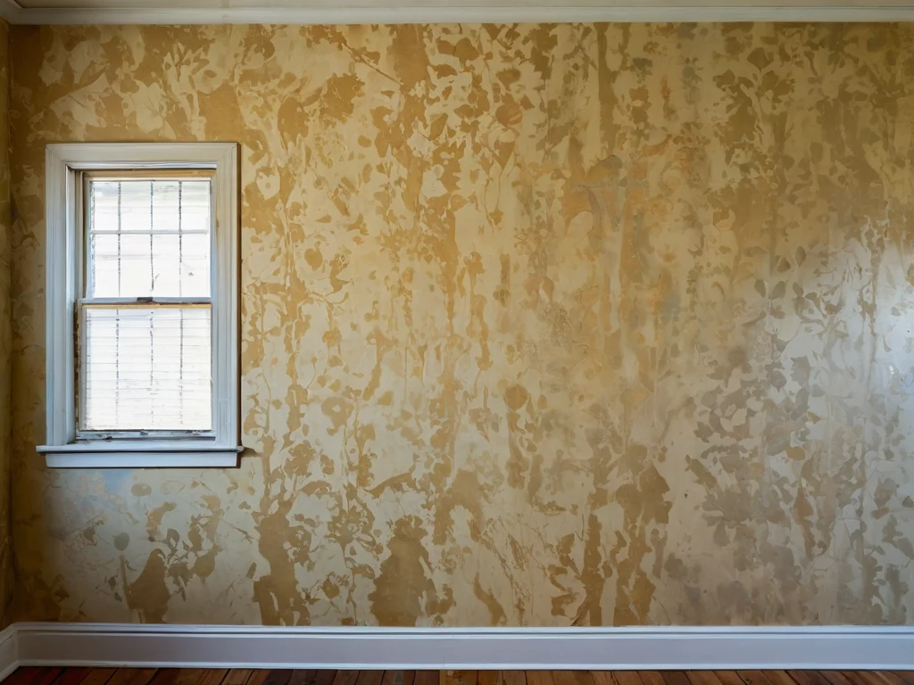 Фотореалистичное изображение интерьера с сильно поврежденными обоями: полное отслоение, пятна и износ, сигнализирующие о необходимости полной переклейки.