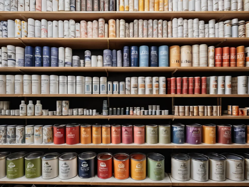 Фотореалистичная композиция из различных видов обойного клея в тюбиках и ведрах, представленных в интерьере магазина дизайна, иллюстрирующая выбор подходящего состава.