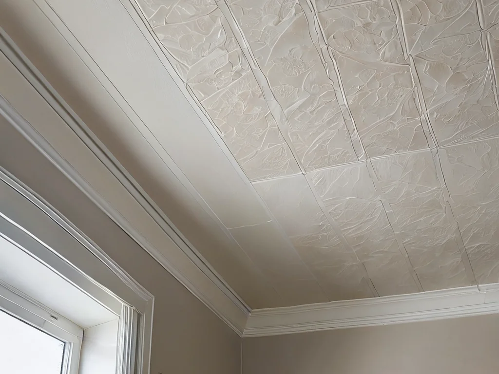 Крупный план стыка обоев на потолке, демонстрирующий профессиональное наклеивание с идеальным бесшовным соединением при ярком освещении.