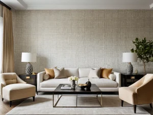 Фото интерьера: современная гостиная в светлых тонах, диван, кресла, журнальный столик, декор, освещение, стильная отделка стен.