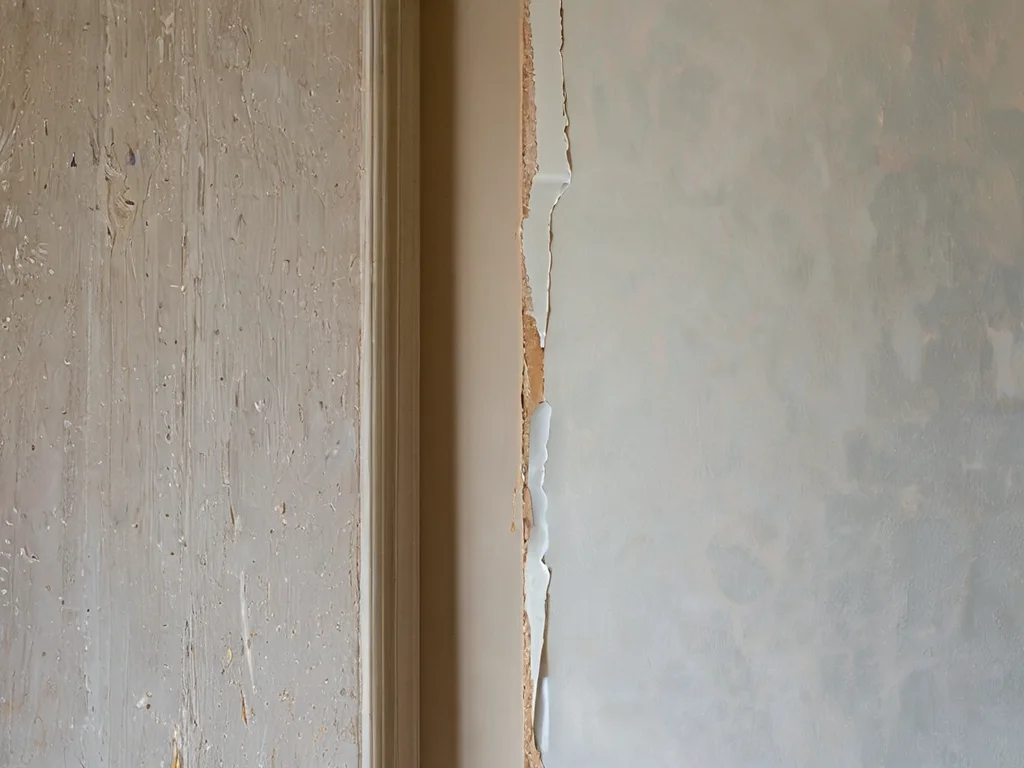 Крупный план ошибки при поклейке обоев: видимый шов, отходящий угол и следы клея, демонстрирующий непрофессиональный результат и испорченную работу.