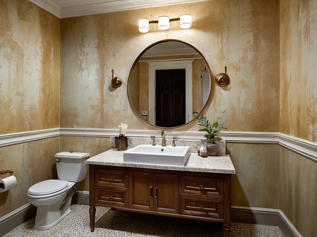 Ванная комната с пузырями на обоях, заметными швами и неровными линиями поклейки, демонстрирующая частые ошибки при наклеивании обоев поверх старых в условиях повышенной влажности.