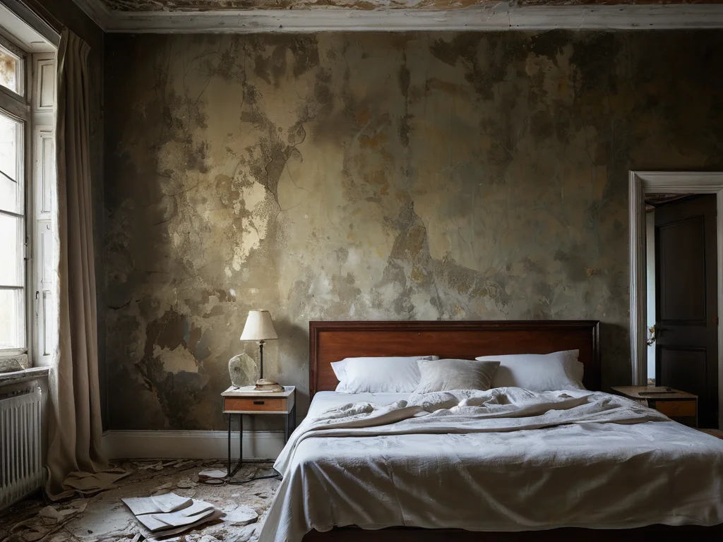 Спальня с облепившимися старыми обоями, пятнами сырости и плесенью, демонстрирующая негативные последствия поклейки новых обоев поверх старых.