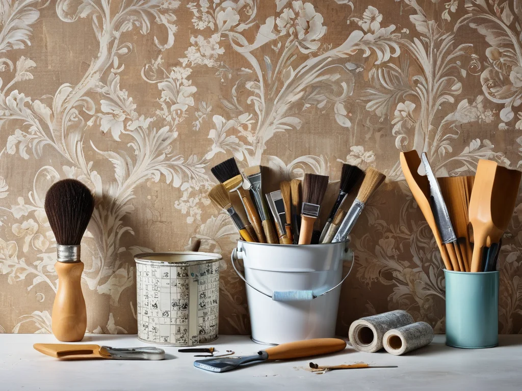 Набор инструментов и материалов для поклейки обоев: валик, кисть, нож, рулетка, клей и рулон новых обоев, расположенные на чистом фоне, фотореалистично.