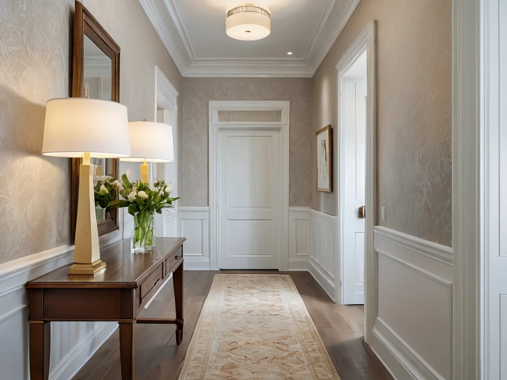 Минималистичный коридор со светлыми, гладкими стенами, где старые обои были полностью удалены и заменены новыми, демонстрируя правильный процесс обновления интерьера.