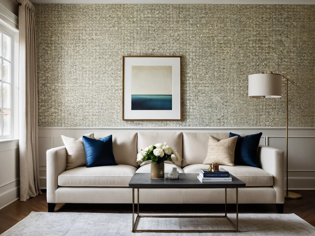 Гостиная в современном стиле, бежевый диван, синие подушки, картина на стене, торшер, ковер, светлые шторы, нейтральная цветовая гамма.