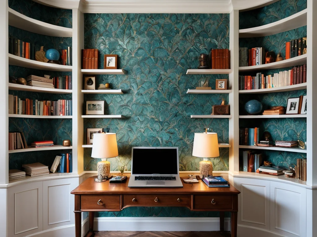 Интерьер кабинета с книжной полкой и рабочим столом, где новые обои с едва заметным рисунком гармонично сочетаются с текстурой старых обоев под ними.