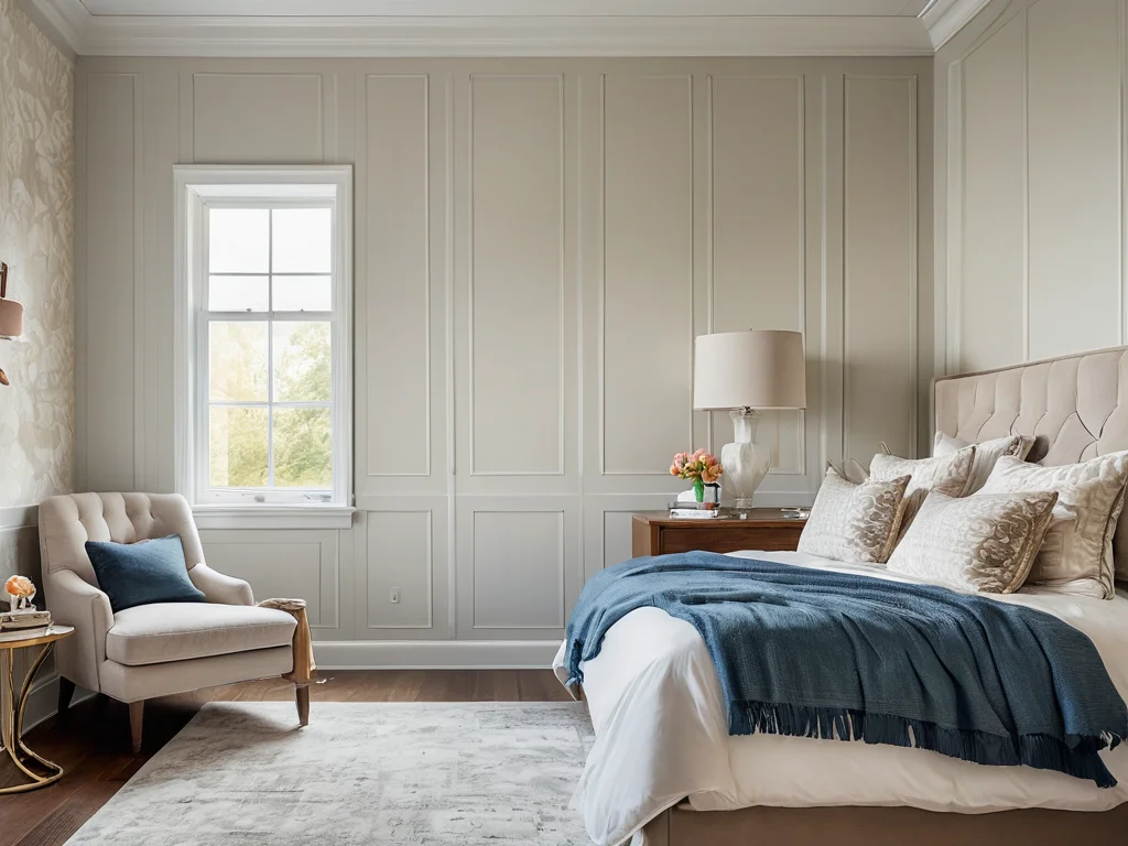 Фотореалистичное изображение спальни, где человек точно измеряет стены с помощью рулетки и карандаша, делая пометки в блокноте для поклейки обоев.