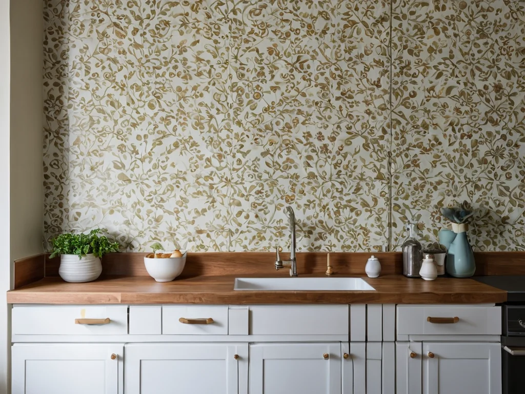 Фотореалистичное изображение современной кухни, где показан пошаговый процесс расчета и поклейки обоев, включая нанесение клея и обрезку.