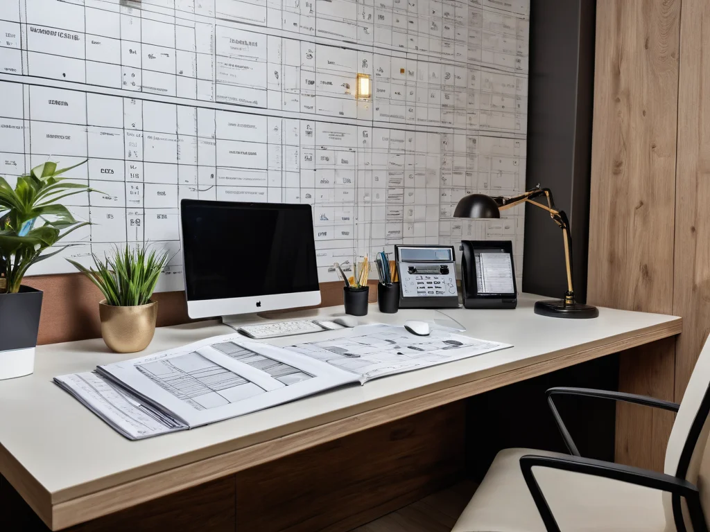 Фотореалистичное изображение домашнего офиса с расчетами по ГОСТу для обоев: таблица, линейка, калькулятор и документация со стандартными размерами.