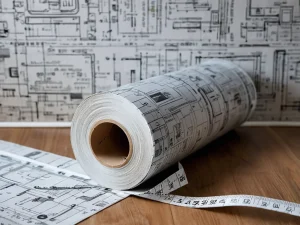 Архитектурные чертежи, планы дома, деревянная поверхность, инструменты для черчения, дизайн интерьера, проект дома, визуализация.