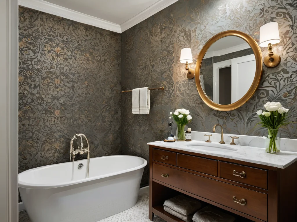 Фотореалистичное изображение стильной ванной комнаты, где профессиональный мастер дает советы по экономии обоев и подгонке рисунка во время поклейки.