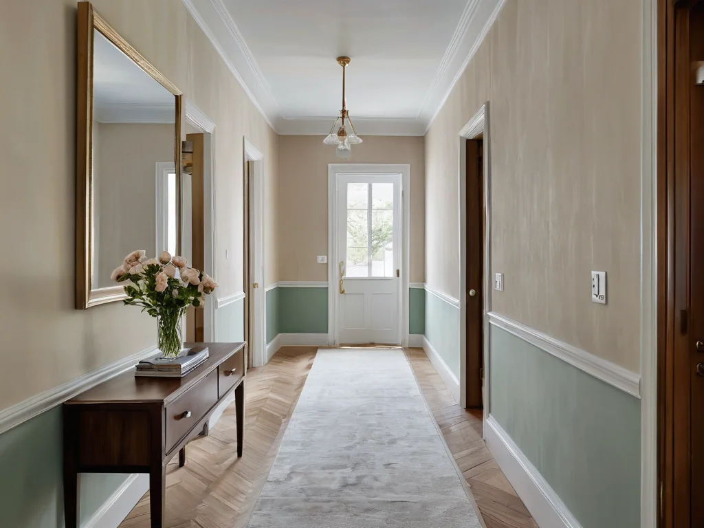 Фотореалистичное изображение коридора с ошибками при поклейке обоев: неровные стыки, неверный расчет, испорченный материал, демонстрирующее типичные проблемы.