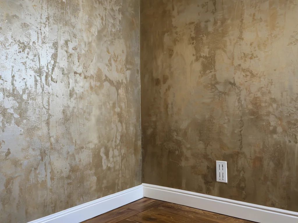 Неравномерно нанесенные жидкие обои на углу стены, с видимыми стыками и недостаточным покрытием текстуры, при резком освещении.