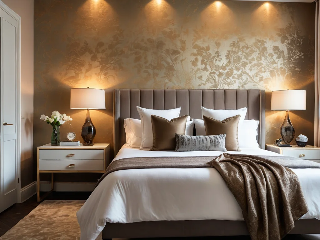 Спальня с акцентной стеной, покрытой шелковыми жидкими обоями с замысловатой текстурой, в окружении теплого освещения и элегантного декора.
