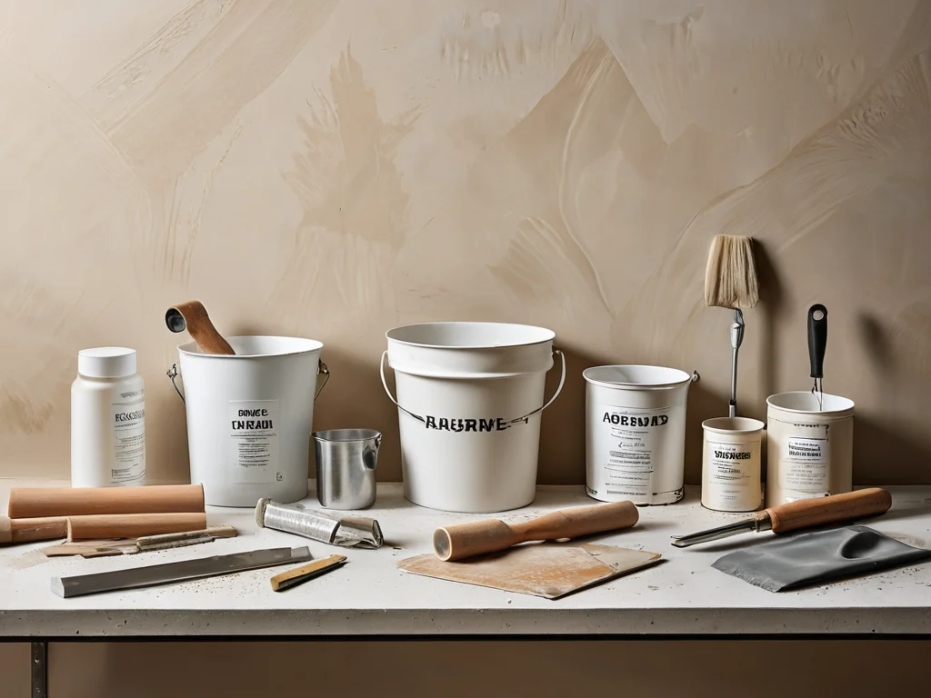 Набор инструментов и материалов для нанесения жидких обоев, включая шпатели, валики, ведра и сухую смесь, аккуратно разложенные на чистом рабочем месте.