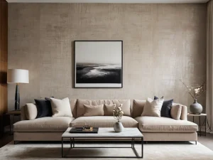 Интерьер гостиной, дизайн гостиной, бежевый цвет, диван, ковер, картина, освещение, современный стиль, уют.