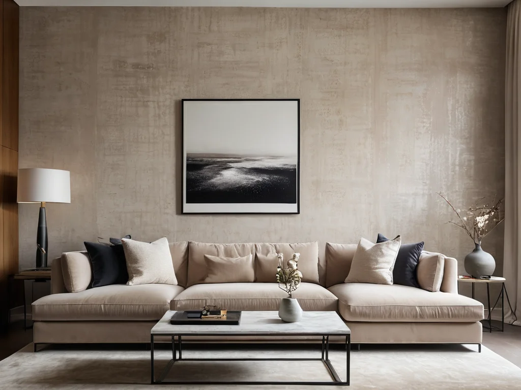 Интерьер гостиной, дизайн гостиной, бежевый цвет, диван, ковер, картина, освещение, современный стиль, уют.